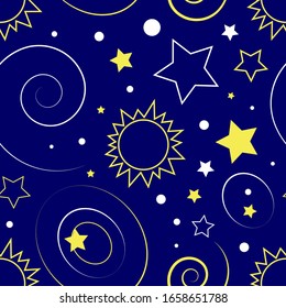 space pattern, sun and stars in space, abstraction of space in a seamless background