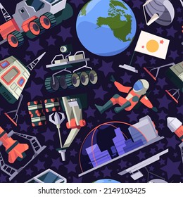 Space pattern. Universe stars astronauts spacecraft moon rover space planets exploration garish vector seamless background