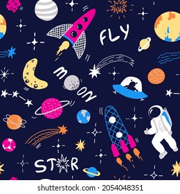 Space pattern. Vector background with the starry sky, rockets, moon, astronaut, planets, comets, asteroid and stars,cute alien in a flying saucer. Hand drawn letters. Childish print. Doodle