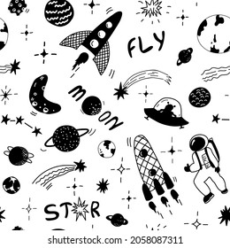 Space pattern. Vector background with the starry sky, rockets, moon, astronaut, planets, comets, asteroid and stars,cute alien in a flying saucer. Hand drawn letters. Childish print. Doodle