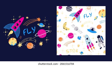 Space pattern. Vector background with the starry sky, rockets, moon, astronaut, planets, comets, asteroid and stars,cute alien in a flying saucer. Hand drawn letters. Childish print