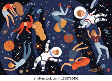 Space pattern! Vector cute illustrations of space objects: rocket, astronaut, alien, flying people, stars, comet, moon, sky. Drawings for card, background or banner.