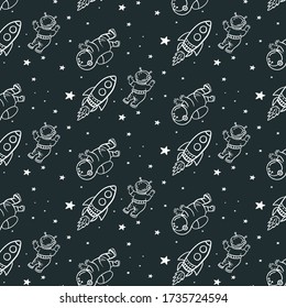 Space pattern. Vector doodle style pattern. Ornament with astronauts, rockets and stars.