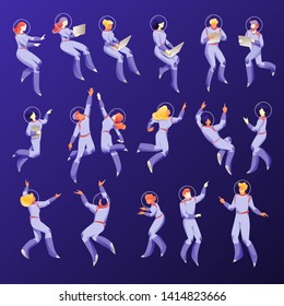 Space People Characters In Space Suits. Floating Working People Set On A Navy-blue Background. Business Metaphor Of Working Space. Isolated Vectors.