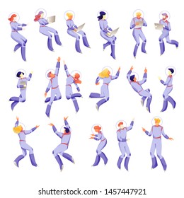 Space people characters in space suits. Floating working people set on white background. Business metaphor of working space. Isolated vectors.