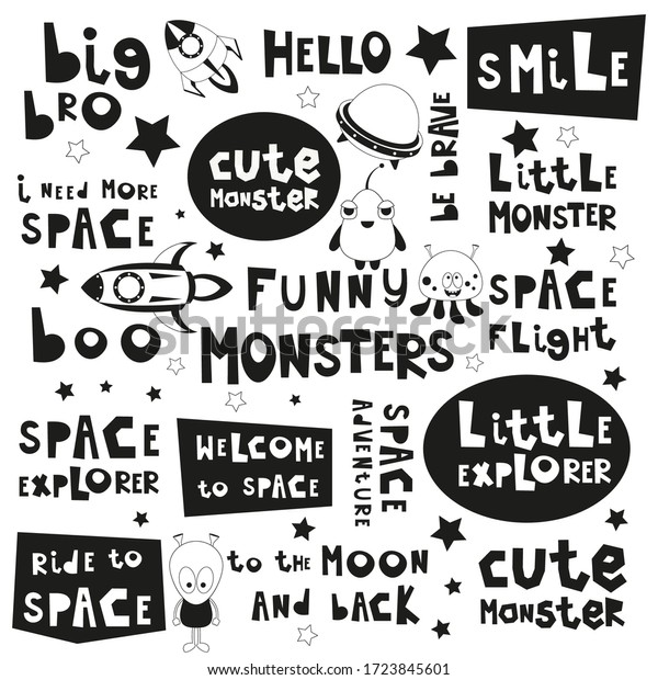 スペースフレーズセット 白黒の手描きのモチベーション引用 フレーズ 単語 ベクターイラスト モノクロクリップアート のベクター画像素材 ロイヤリティ フリー