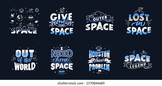 Space phrases set. Give me some space, out of this world, Houston we have problem. Printable cards, social media posts templates bundle, textile prints. Comic posters design ideas