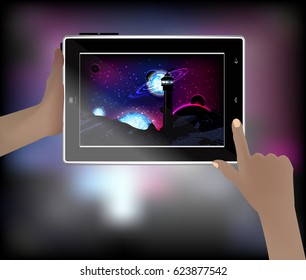 Space picture in a smart phone. space. Beautiful, fantastic and magical. Space landscape. Rings are glowing neon. The starry nebula. Blue planets. Clusters stars
