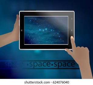 Space picture in a smart phone. Cosmic mysticism Theory of cosmic strings Vector illustration design. Beautiful, fantast magical. Space landscape. Space strings.