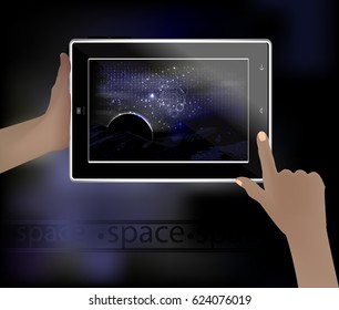 Space picture in a smart phone. space Space is unusual Vector illustration for your design. Space landscape with a dark planet. Bright highlight