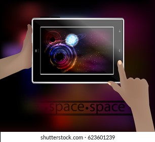 Space picture in a smart phone. space. Vector illustration for your design. Beautiful, fantastic and magical. A luminous clot in the form of a circle-spiral-blue and a blue planet with rings.