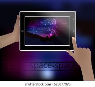 Space picture in a smart phone. Vector illustration for your design. Blue-violet sky and landscape of the planet. Magic cosmic landscape