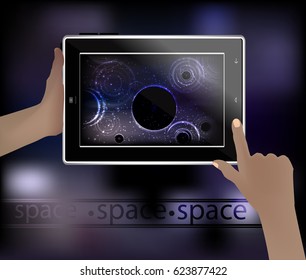 Space picture in a smart phone. space. Vector illustration for your design. Space landscape. Spiral nebula. A glowing clot in the form of a circle