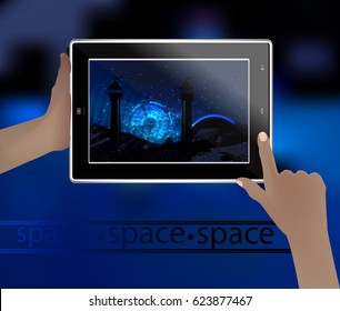Space picture in a smart phone. space. Vector illustration for your design. Beautiful and magical. Horizontally oriented image. Space landscape. Extraterrestrial technologies. Galactic neon