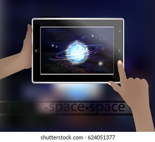 Space picture in a smart phone. space. Vector illustration for your design. Beautiful, fantastic and magical. Space landscape. A glowing blue planet with rings.