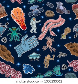 Space pictures with aliens and elements of research and military equipment