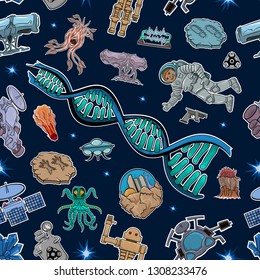 Space pictures with aliens and elements of research and military equipment