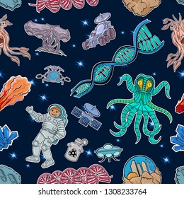 Space pictures with aliens and elements of research and military equipment