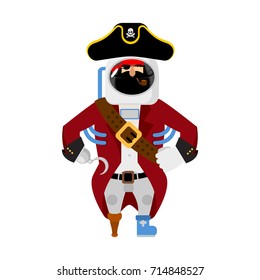 Space pirate. filibuster spaceman. buccaneer Cosmonaut in protective suit. rover astronaut in helmet. Eye patch and smoking pipe. pirates cap. Bones and Skull. Vector Illustration

