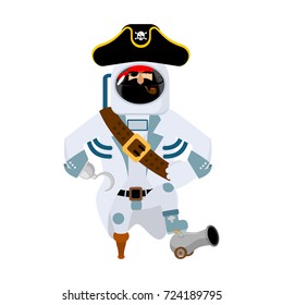 Space pirate. filibuster spaceman. buccaneer Cosmonaut in protective suit. rover astronaut in helmet. Eye patch and smoking pipe. pirates cap. Bones and Skull
