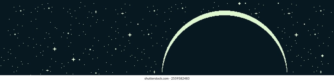 Space pixel art background with stars and planet outline, solar system object, flat style. Game design. Fantastic world vector 8-bit illustration.