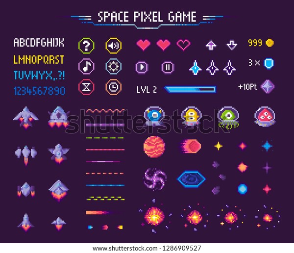 スペースピクセルゲームのベクター画像アイコンフォントと宇宙文字 宇宙船や宇宙船 星や惑星 得点 隕石 アーケードゲームのエレメント ビデオプラットフォームインターフェイス のベクター画像素材 ロイヤリティフリー