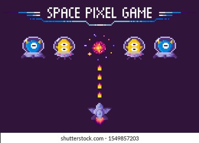 Space Pixel Game, Rocket Shooting To Ufo, War Between Spaceship And Cosmic Hero, Pixelated Character, Battle Of Monster And Invader Ship, Video-game Vector