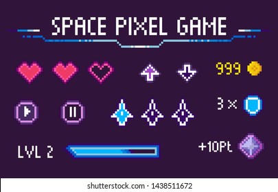 Space pixel game vector, isolated set of hearts symbolizing life and health, icons of navigation, pause and play, level and experience, gaming points, pixelated cosmic object for mobile app games