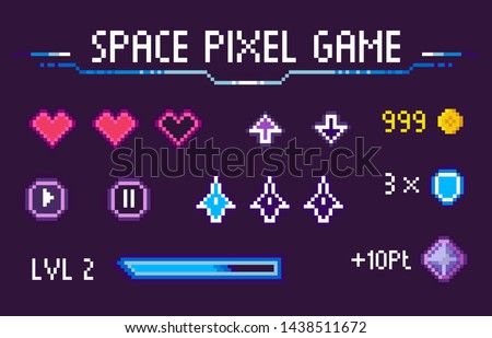 Space pixel game vector, isolated set of hearts symbolizing life and health, icons of navigation, pause and play, level and experience, gaming points, pixelated cosmic object for mobile app games