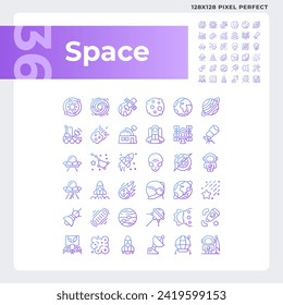 Space pixel perfect gradient linear vector icons set. Solar system. Astronomy science. Celestial bodies. Thin line contour symbol designs bundle. Isolated outline illustrations collection