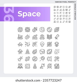 Space pixel perfect linear icons set. Solar system. Astronomy science. Celestial bodies. Zero gravity. Customizable thin line symbols. Isolated vector outline illustrations. Editable stroke