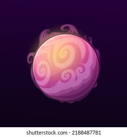 Space planet with air vortices, vector galaxy fantasy globe with swirls in atmosphere. Glowing pink sphere with whirls, isolated ui game object, comet, meteor in universe. Fantastic object in cosmos