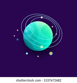 Space planet with asteroids and star dust for a galaxy or universe astronomy design flat vector illustration on cosmos blue background . Science fiction or fantasy sky icon.