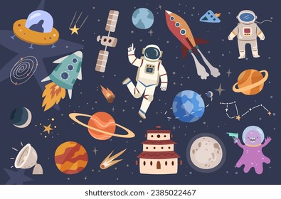 Weltraumplanet und Astronauten, Fantasy-Außerirdische Welt-Hintergrund flacher Cartoon-Vektorgrafik. Galaxy, Astronaut und ufo Untertasse, fliegendes Raumschiff. Universum und Sternenhimmel, Raumfahrer und Rakete