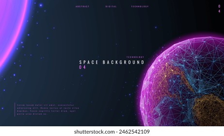 Space planet background with astronomy subject. Abstract technological cosmos bg for banners. Planet Earth in purple color. Universe or Galaxy concept. Digital polygonal vector illustration.