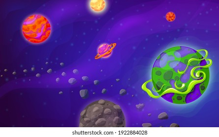 Space and planet background. Cartoon galaxy, universe landscape with planets. Futuristic game scene, cosmos with stars recent vector illustration