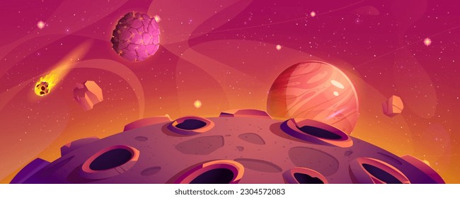 Space planet background cartoon game vector landscape. Fantasy galaxy travel sky level scene with star, meteorite, moon with crater and red mars. Futuristic cosmic starry adventure art wallpaper