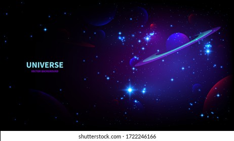 Espacio y fondo del planeta con espacio de copia. Universo de Fantasía o Galaxia aislado en fondo negro. Cielo estrellado con planetas y satélites. Concepto de espacio o cosmos. Plantilla de banner universal.