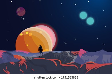 Space and planet background with copy space. Fantasy Universe or Galaxy isolated on black background. Starry sky with planets and satellites. Space or cosmos concept. Vector illustration eps
