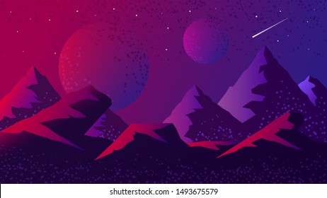 Space and planet background landscape silhouette template. Fantasy alien planets surface with mountains, sky, stars and comets in dark space. Science fiction vector cosmos illustration