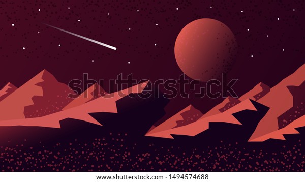 Space\
and planet background landscape silhouette template. Fantasy alien\
planets surface with mountains, sky, stars and comets in dark\
space. Science fiction vector cosmos\
illustration