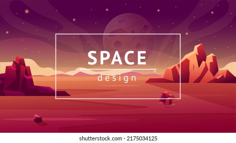 Space planet background. Mars panorama. Flat galaxy landscape with stars and moon surface. Abstract alien ground. Cosmos universe. Rocks and red desert. Cosmic scenery. Vector frame banner