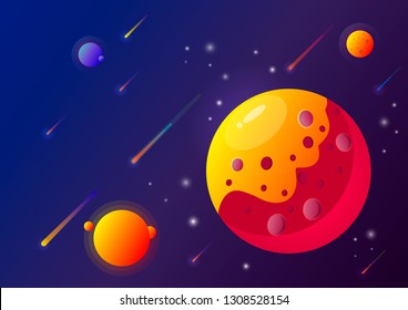 Space and planet background. Planets surface with craters, stars and comets in dark space. Vector illustration. EPS 10