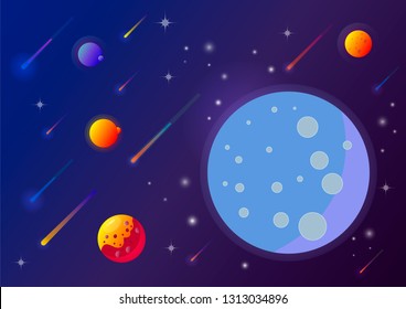 Space and planet background. Planets surface with craters, stars and comets in dark space. Vector illustration. EPS 10