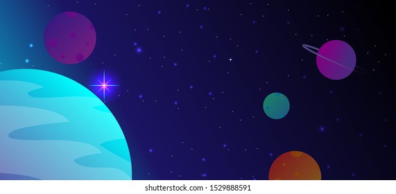 Space and planet background. Planets surface with craters, stars and comets in dark space. Vector illustration. Space sky with planet and satellite