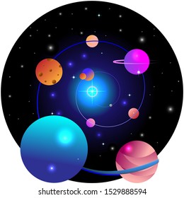 Space and planet background. Planets surface with craters, stars and comets in dark space. Vector illustration. Space sky with planet and satellite