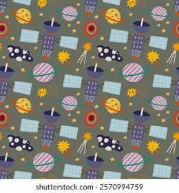 Space, planet, black hole, satellite, stars seamless pattern, vector background. Ideal for fabric, textile, baby bedding, wallpaper, pajamas. Scandinavian style.