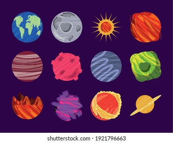space planet comet moon sun earth saturn icon set vector illustration