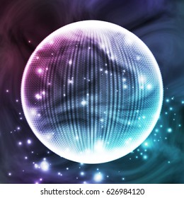 Space Planet In The Cosmos Universe. Abstract Glowing Sphere Vector. 