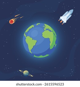 Space with planet Earth, rocket, planets and stars. Vector